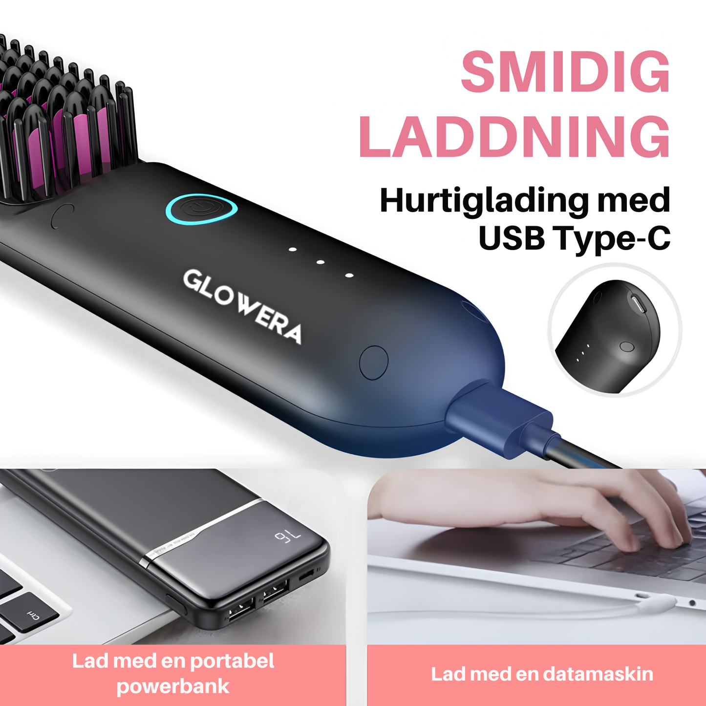 GLOWERA Bærbar Stylingbørste | Krøll, Tørk & Rett